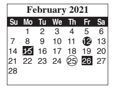 District School Academic Calendar for Castaneda Elementary for February 2021