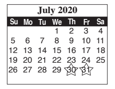District School Academic Calendar for Egly Elementary for July 2020