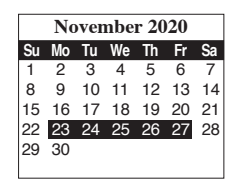District School Academic Calendar for Brownsville Learning Acad for November 2020