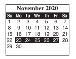 District School Academic Calendar for Gallegos Elementary for November 2020