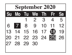 District School Academic Calendar for Cameron Co J J A E P for September 2020