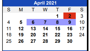 District School Academic Calendar for Smith Co Jjaep for April 2021