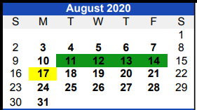 District School Academic Calendar for Bullard Es for August 2020
