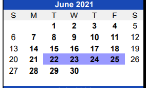 District School Academic Calendar for Smith Co Jjaep for June 2021