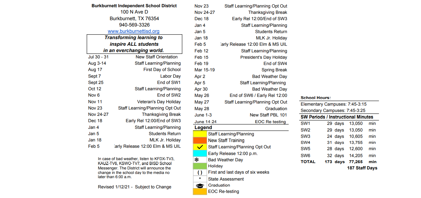 District School Academic Calendar Key for Burkburnett H S