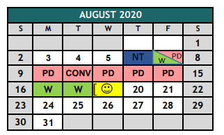 District School Academic Calendar for Nick Kerr Middle School for August 2020