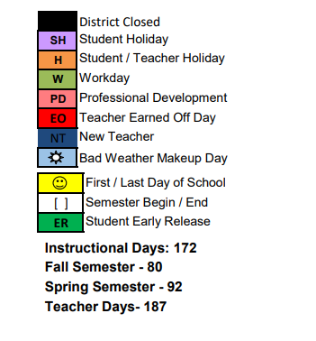 District School Academic Calendar Legend for Frazier Elementary