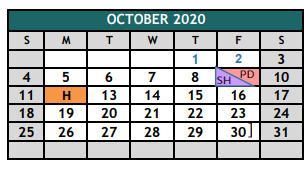 District School Academic Calendar for The Academy At Nola Dunn for October 2020