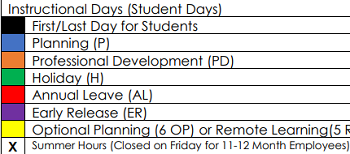 District School Academic Calendar Legend for Valmead Basic