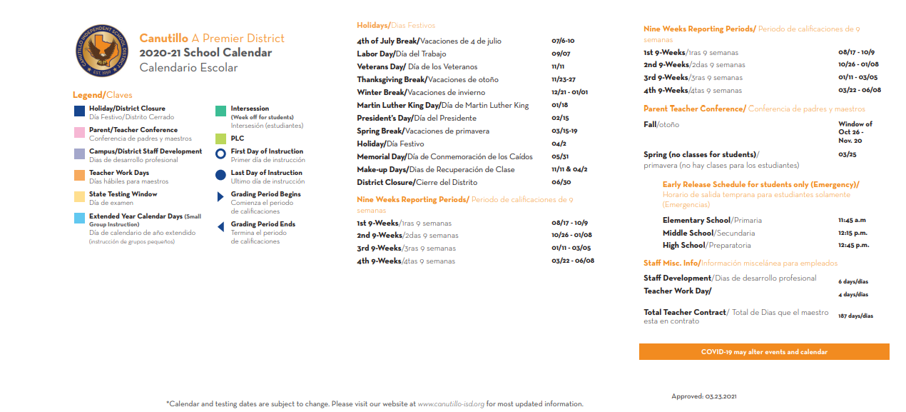 District School Academic Calendar Key for Canutillo Elementary School