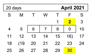 District School Academic Calendar for Westover Park Jr High for April 2021