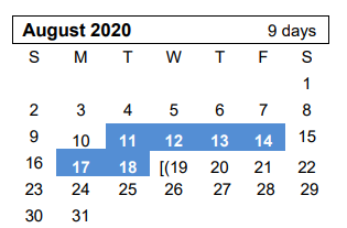 District School Academic Calendar for Westover Park Jr High for August 2020