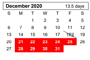 District School Academic Calendar for Greenways Intermediate School for December 2020