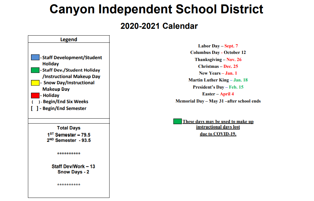 District School Academic Calendar Key for Canyon Junior High