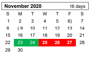 District School Academic Calendar for Westover Park Jr High for November 2020