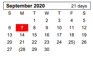 District School Academic Calendar for Lakeview Elementary for September 2020
