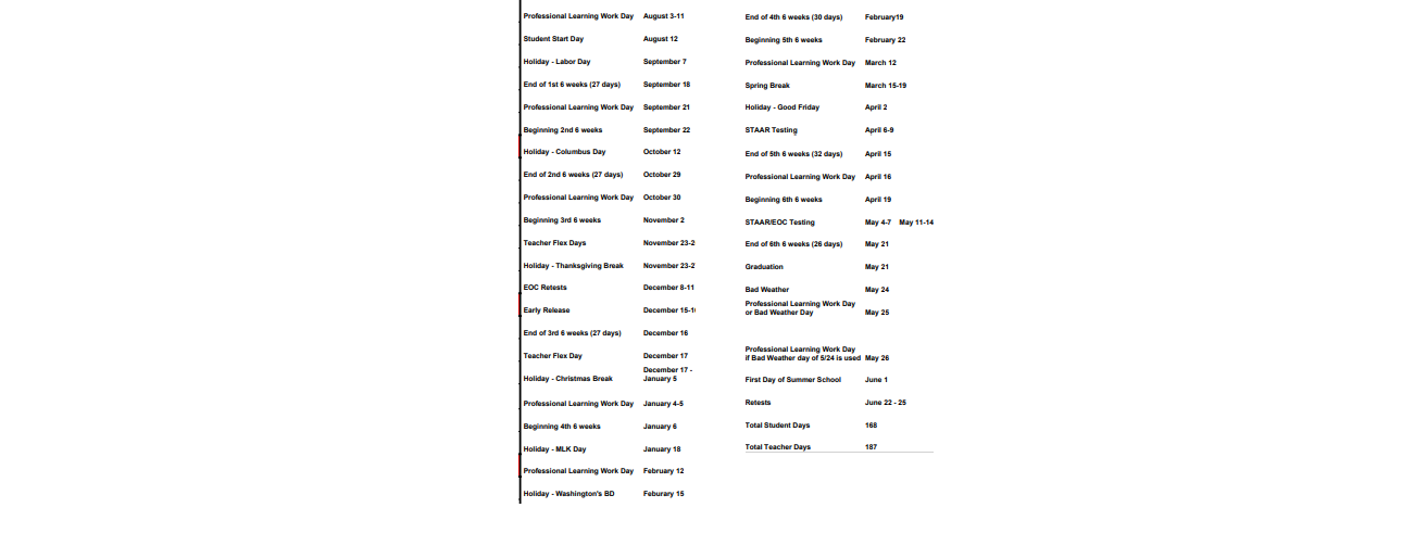 District School Academic Calendar Key for Carthage J H