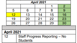 District School Academic Calendar for Taft Alternative School for April 2021