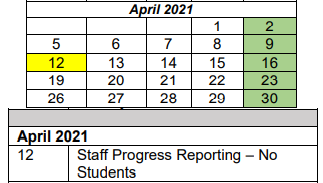 District School Academic Calendar for Wright Elementary School for April 2021