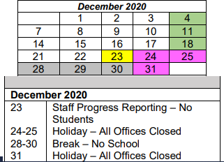 District School Academic Calendar for Wright Elementary School for December 2020