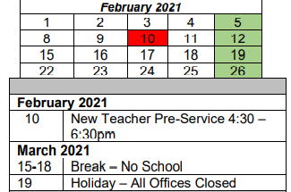 District School Academic Calendar for Taft Middle School for February 2021