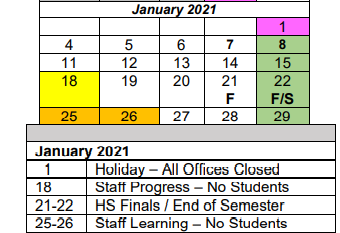 District School Academic Calendar for John F Kennedy High School for January 2021