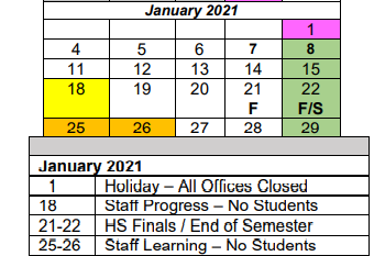 District School Academic Calendar for Wright Elementary School for January 2021