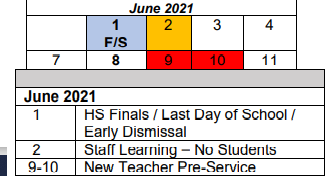 District School Academic Calendar for Hoover Elementary School for June 2021