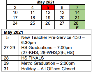 District School Academic Calendar for Grant Elementary School for May 2021