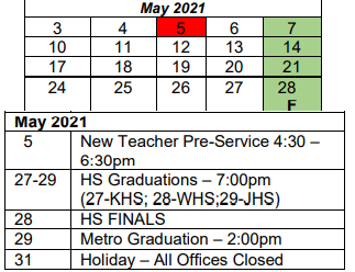 District School Academic Calendar for Wright Elementary School for May 2021