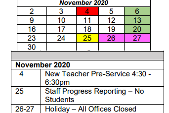 District School Academic Calendar for Wright Elementary School for November 2020