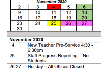 District School Academic Calendar for Taylor Elementary School for November 2020