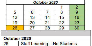 District School Academic Calendar for Wright Elementary School for October 2020