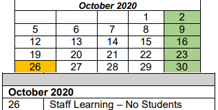 District School Academic Calendar for Erskine Elementary School for October 2020