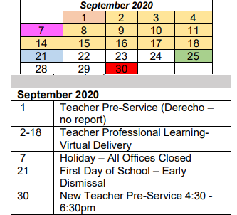 District School Academic Calendar for Arthur Elementary School for September 2020