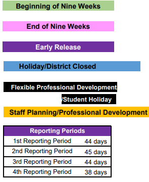 District School Academic Calendar Legend for Center Elementary