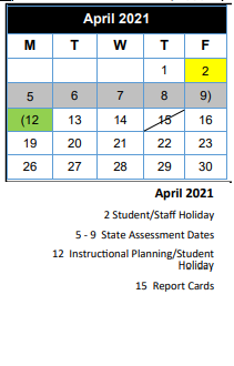 District School Academic Calendar for Smith Co J J A E P for April 2021
