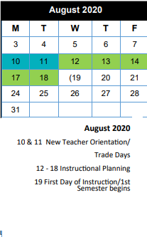 District School Academic Calendar for Smith Co J J A E P for August 2020