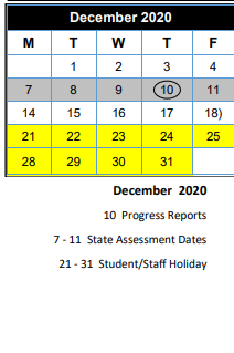 District School Academic Calendar for Wings for December 2020