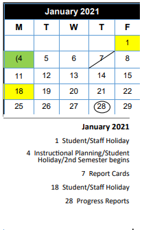 District School Academic Calendar for Smith Co J J A E P for January 2021