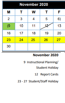 District School Academic Calendar for Wings for November 2020