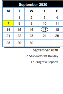 District School Academic Calendar for W L Kissam Int for September 2020