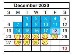 District School Academic Calendar for Combined Schools for December 2020