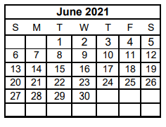 District School Academic Calendar for China Spring Middle for June 2021