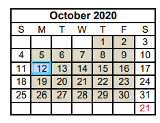 District School Academic Calendar for China Spring Middle for October 2020