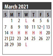 District School Academic Calendar for G H Whitcomb Elementary for March 2021