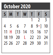 District School Academic Calendar for G H Whitcomb Elementary for October 2020