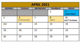 District School Academic Calendar for Irving Elementary for April 2021