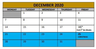 District School Academic Calendar for Irving Elementary for December 2020