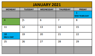 District School Academic Calendar for Irving Elementary for January 2021